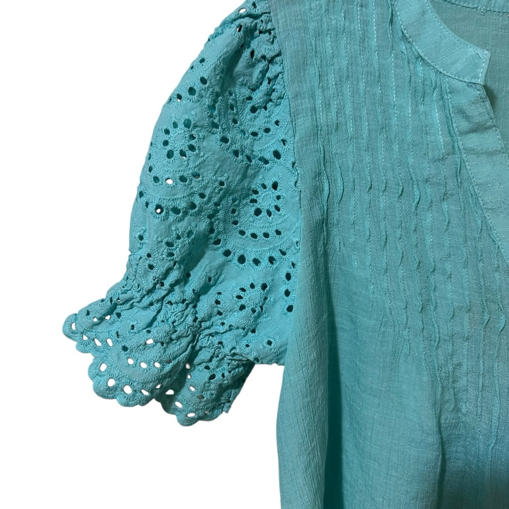 NANETTE LEPORE aqua button front loose fit eyelet puffy short sleeve top sz L - Picture 3 of 6